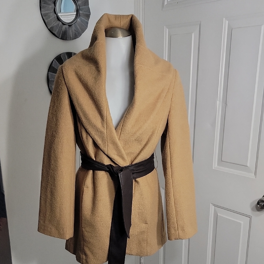 IMAN Women's Brown Wool Blend Belted Peacoat Jacket Top Size XS